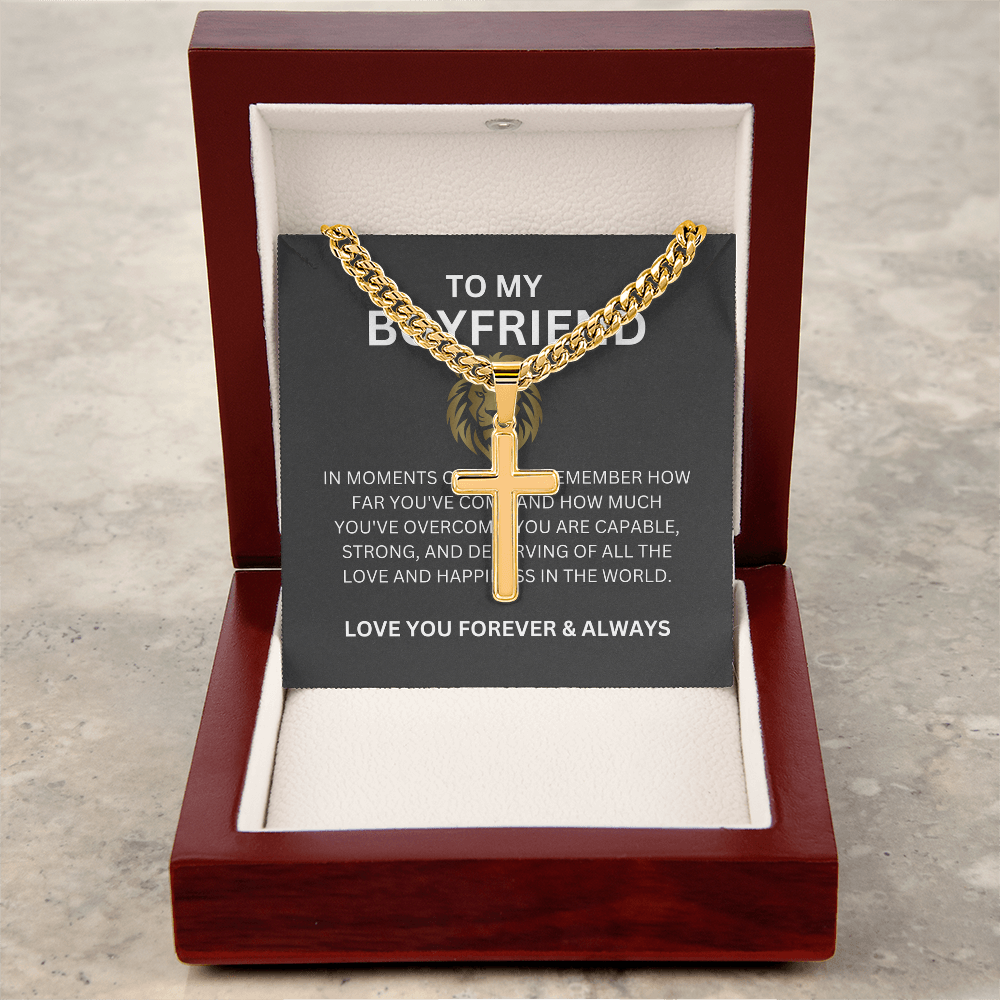 To My Special Boyfriend — Personalized Cuban Link Cross Necklace with Heartfelt Message Card