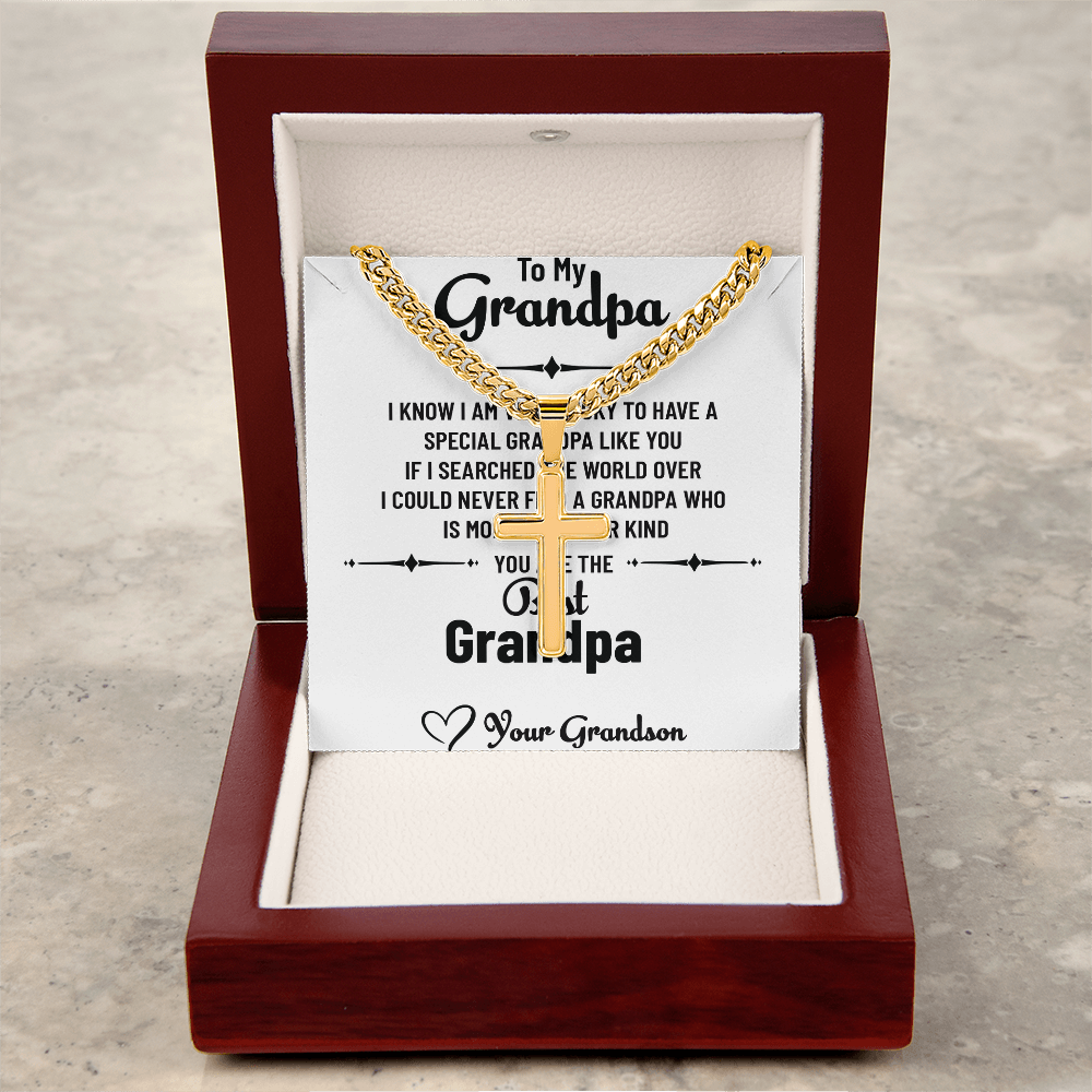 To My Special Grandpa – Personalized Cross Necklace with Cuban Link Chain Gift from Grandson with Message Card