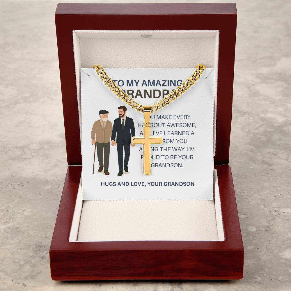 To My Dear Grandpa – Personalized Cross Necklace Cuban Link Chain Gift from Grandson