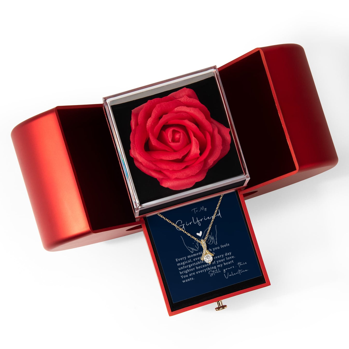 To My Girlfriend – Necklace with Red Heart Rose Gift Box & Valentine’s Message