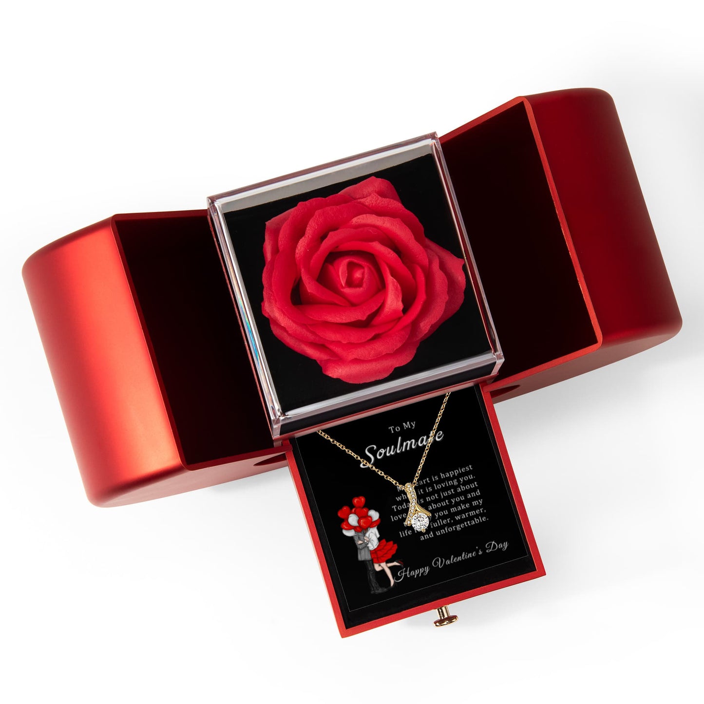 Romantic Soulmate Necklace Gift for Girlfriend with Red Heart Rose Box & Valentine’s Card