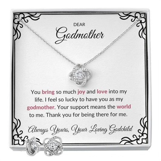 To My Lovely Godmother Love Knot Necklace & Earring Set with Heartfelt Message | Necklace for Godmother