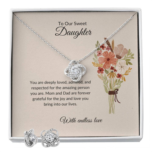 To My Sweet Daughter – Heartfelt Love Knot Beauty Earring & Necklace Bundle