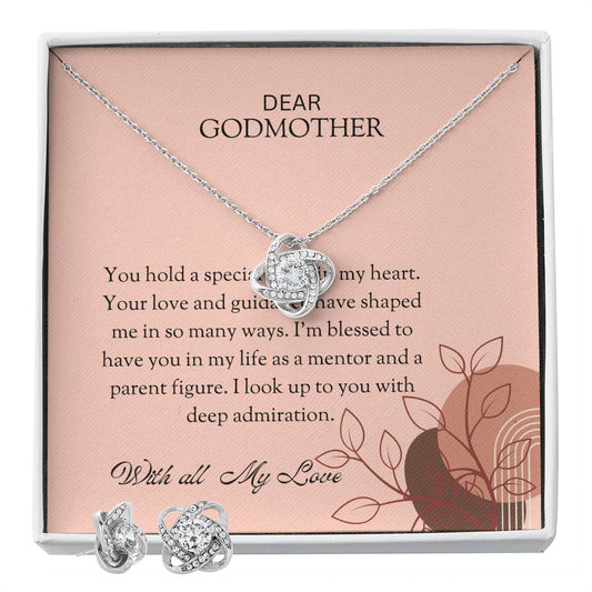 To My Special Godmother Love Knot Necklace & Earring Set with Heartfelt Message | Necklace for Godmother
