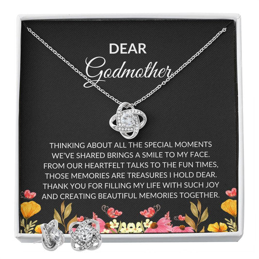 To My Dear Godmother Love Knot Necklace  & Earring Set with Heartfelt Message | Necklace for Godmother