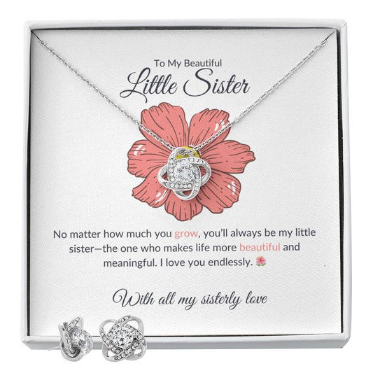 To My Beautiful Little Sister - Love Knot Earring & Necklace Set | Heartfelt Sister Gift