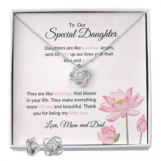 To My Special Daughter – Heartfelt Love Knot Beauty Earring & Necklace Gift Bundle