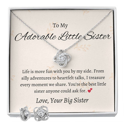 To My Adorable Little Sister - Love Knot Earring & Necklace Set | Forever Connected