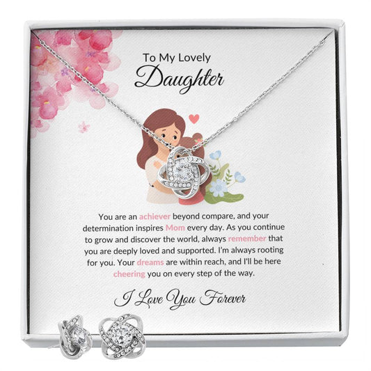 To My Lovely Daughter – Heartfelt Love Knot Beauty Earring & Necklace Gift Bundle