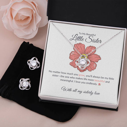 To My Beautiful Little Sister - Love Knot Earring & Necklace Set | Heartfelt Sister Gift