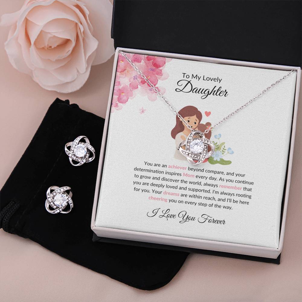 To My Lovely Daughter – Heartfelt Love Knot Beauty Earring & Necklace Gift Bundle