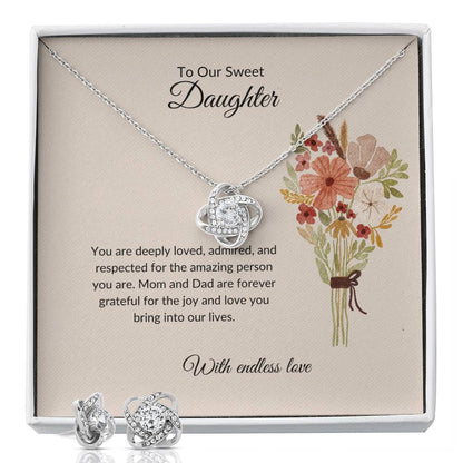 To My Sweet Daughter – Heartfelt Love Knot Beauty Earring & Necklace Bundle