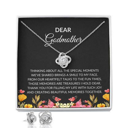 To My Dear Godmother Love Knot Necklace  & Earring Set with Heartfelt Message | Necklace for Godmother