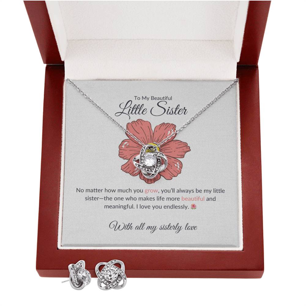 To My Beautiful Little Sister - Love Knot Earring & Necklace Set | Heartfelt Sister Gift