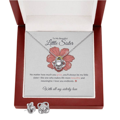To My Beautiful Little Sister - Love Knot Earring & Necklace Set | Heartfelt Sister Gift