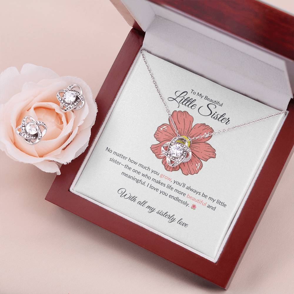 To My Beautiful Little Sister - Love Knot Earring & Necklace Set | Heartfelt Sister Gift