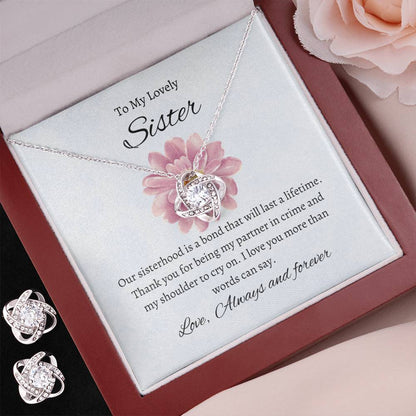 To My Lovely Sister - Love Knot Earring & Necklace Set | Love Always Necklace For Sister