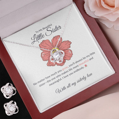 To My Beautiful Little Sister - Love Knot Earring & Necklace Set | Heartfelt Sister Gift
