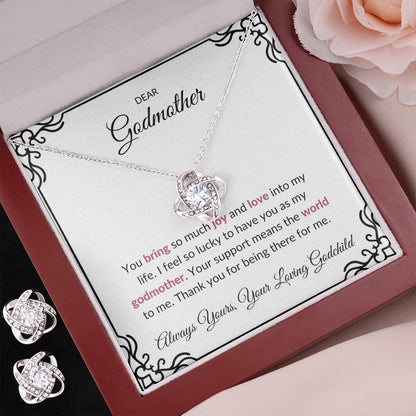 To My Lovely Godmother Love Knot Necklace & Earring Set with Heartfelt Message | Necklace for Godmother