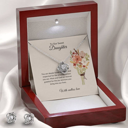 To My Sweet Daughter – Heartfelt Love Knot Beauty Earring & Necklace Bundle