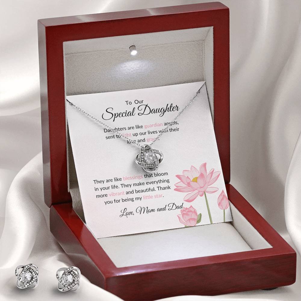 To My Special Daughter – Heartfelt Love Knot Beauty Earring & Necklace Gift Bundle