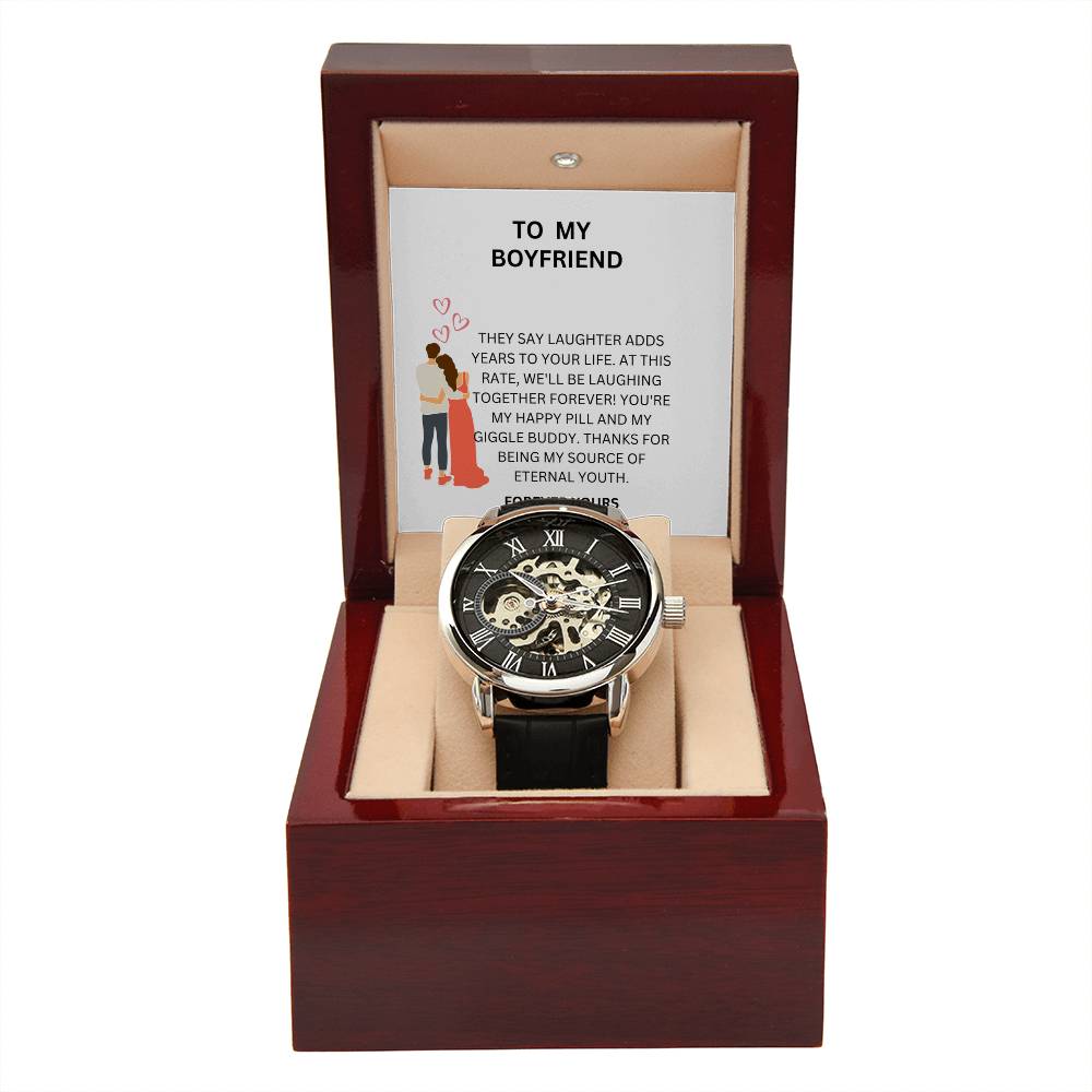 Boyfriend Anniversary Gift — Openwork Watch with Heartfelt Message Card