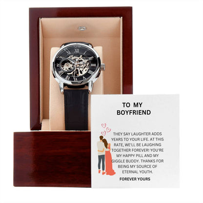 Boyfriend Anniversary Gift — Openwork Watch with Heartfelt Message Card