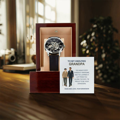 To My Favorite Grandpa – Stylish Openwork Watch Gift from Grandson with Heartfelt Card
