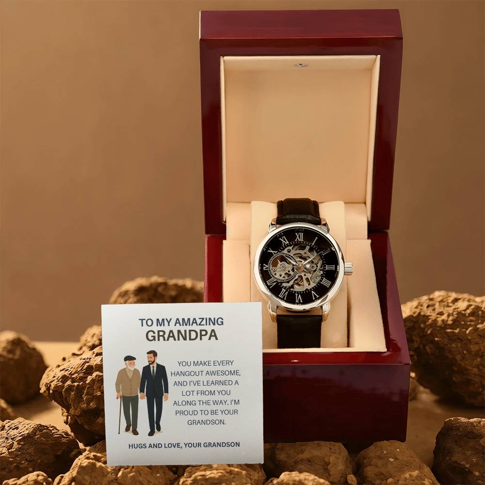 To My Favorite Grandpa – Stylish Openwork Watch Gift from Grandson with Heartfelt Card