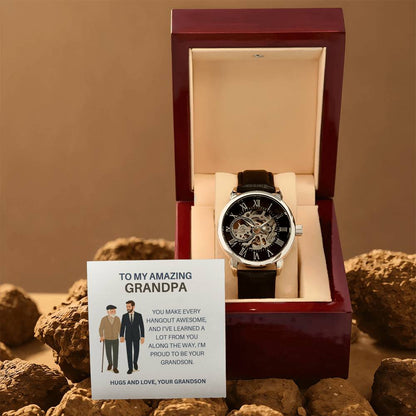 To My Favorite Grandpa – Stylish Openwork Watch Gift from Grandson with Heartfelt Card