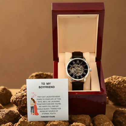 Boyfriend Anniversary Gift — Openwork Watch with Heartfelt Message Card