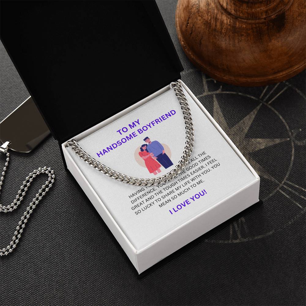 To My Handsome Boyfriend — Cuban Link Chain Necklace with Heartfelt Message Card