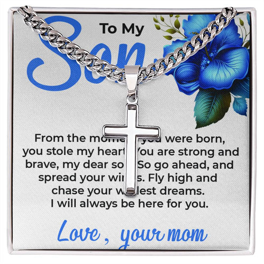 To My Dear Son | Engraved Artisan Cross Cuban Link Necklace from Mom | Perfect for Birthday or Graduation Or Any Ocassion