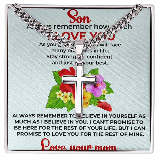 To My Beautiful Boy | Engraved Artisan Cross Necklace from Mom | Elegant and Heartfelt Gift