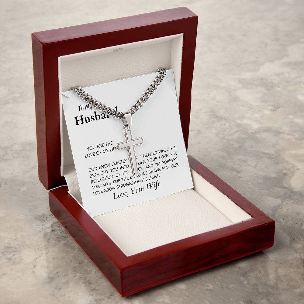 To My Husband, the Love of My Life | Elegant Cuban Link Chain with Engraved Artisan Cross Necklace