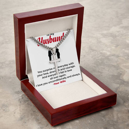 To My Husband | Classic Cuban Link Chain with Engraved Artisan Cross Gift for Him