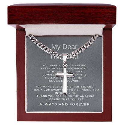 To My Husband | Stylish Cuban Link Chain with Engraved Artisan Cross Necklace Gift for Him