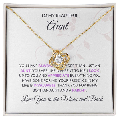 To My Beautiful Aunt Necklace – Elegant Love Knot Necklace | Grateful Message Card Gift in Yellow & White Gold - SOUVMOUR