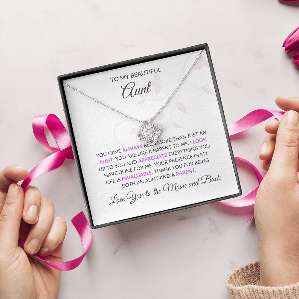 To My Beautiful Aunt Necklace – Elegant Love Knot Necklace | Grateful Message Card Gift in Yellow & White Gold - SOUVMOUR
