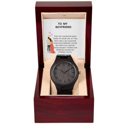 Boyfriend Gift — Elegant Wooden Watch with Romantic Heartfelt Message Card
