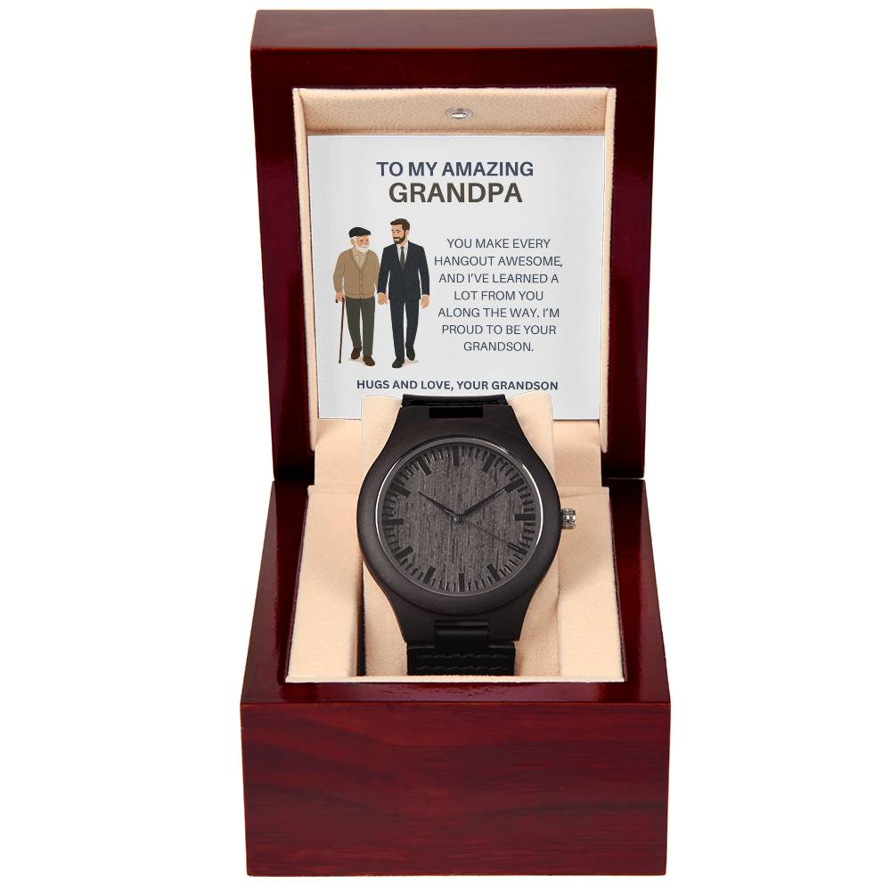 Classic Wooden Watch Gift for Grandpa – From Grandson with Heartfelt Message Card