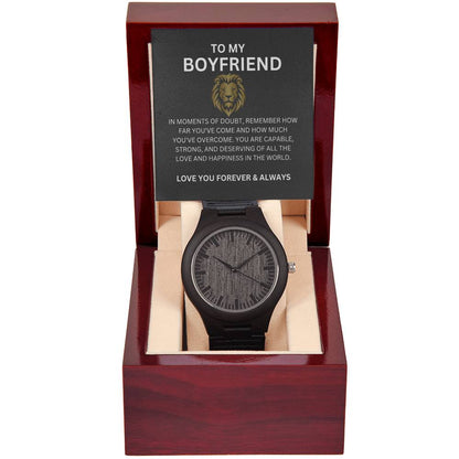 To My Boyfriend — Romantic Wooden Watch Gift with Heartfelt Message Card