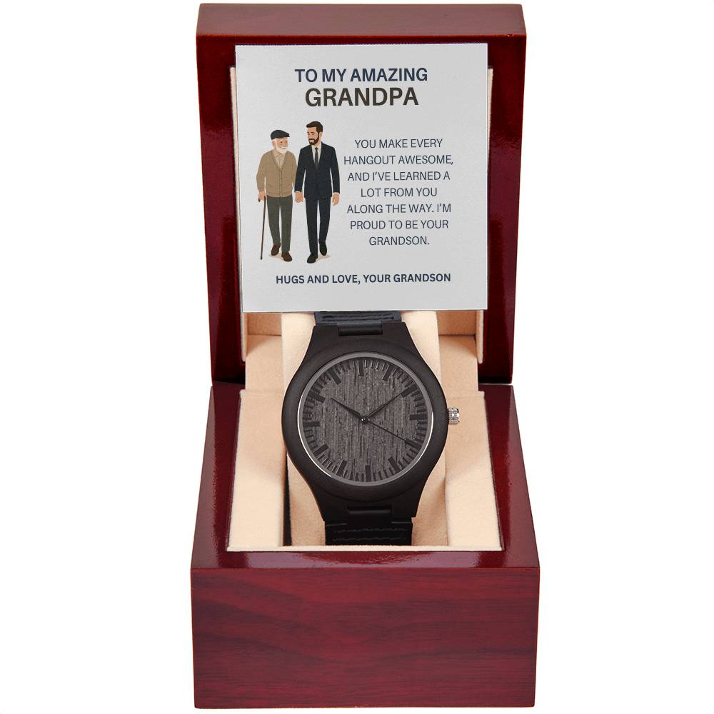 Classic Wooden Watch Gift for Grandpa – From Grandson with Heartfelt Message Card
