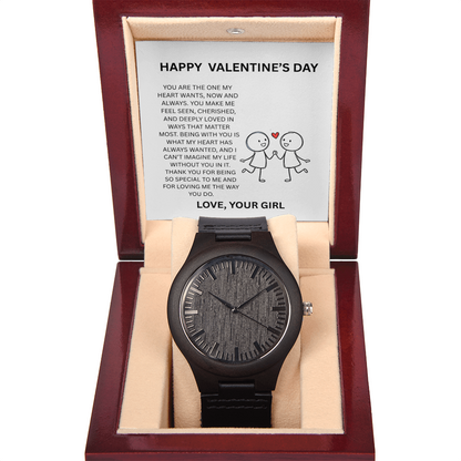 Valentine's Day Wooden Watch for Men – Gift for Boyfriend with Message Card