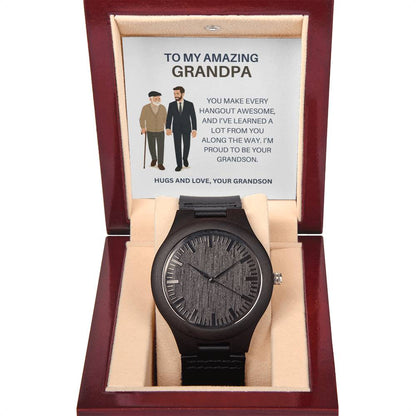 Classic Wooden Watch Gift for Grandpa – From Grandson with Heartfelt Message Card