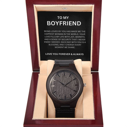 To My Love — Romantic Wooden Watch Gift for Boyfriend with Heartfelt Message Card