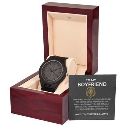 To My Boyfriend — Romantic Wooden Watch Gift with Heartfelt Message Card