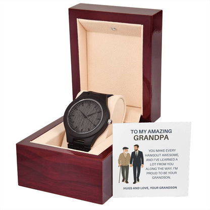 Classic Wooden Watch Gift for Grandpa – From Grandson with Heartfelt Message Card
