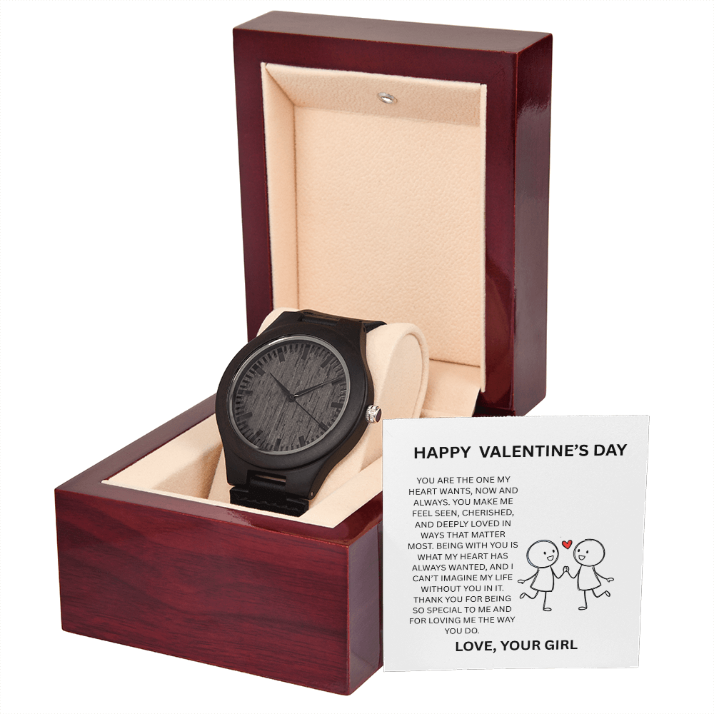 Valentine's Day Wooden Watch for Men – Gift for Boyfriend with Message Card