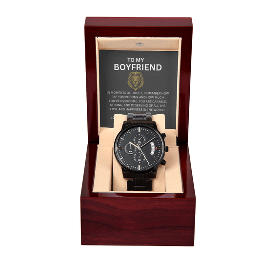 To My Boyfriend — Black Chronograph Watch Gift with Heartfelt Message Card